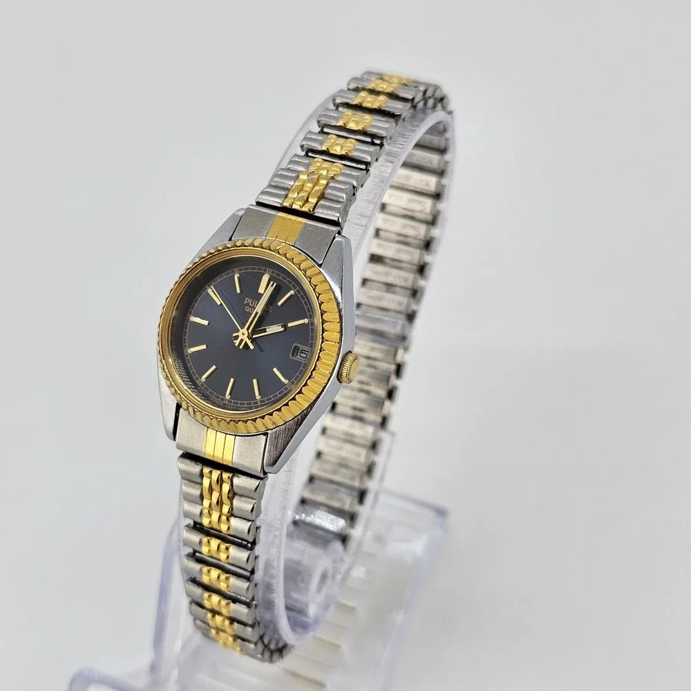 VTG Pulsar Women's Watch 24MM Black Dial Two Tone Stretch Band 5.75